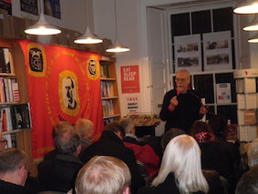 Allan Armstrong beside the Edinburgh TGWU banner at the Wordpower book launch